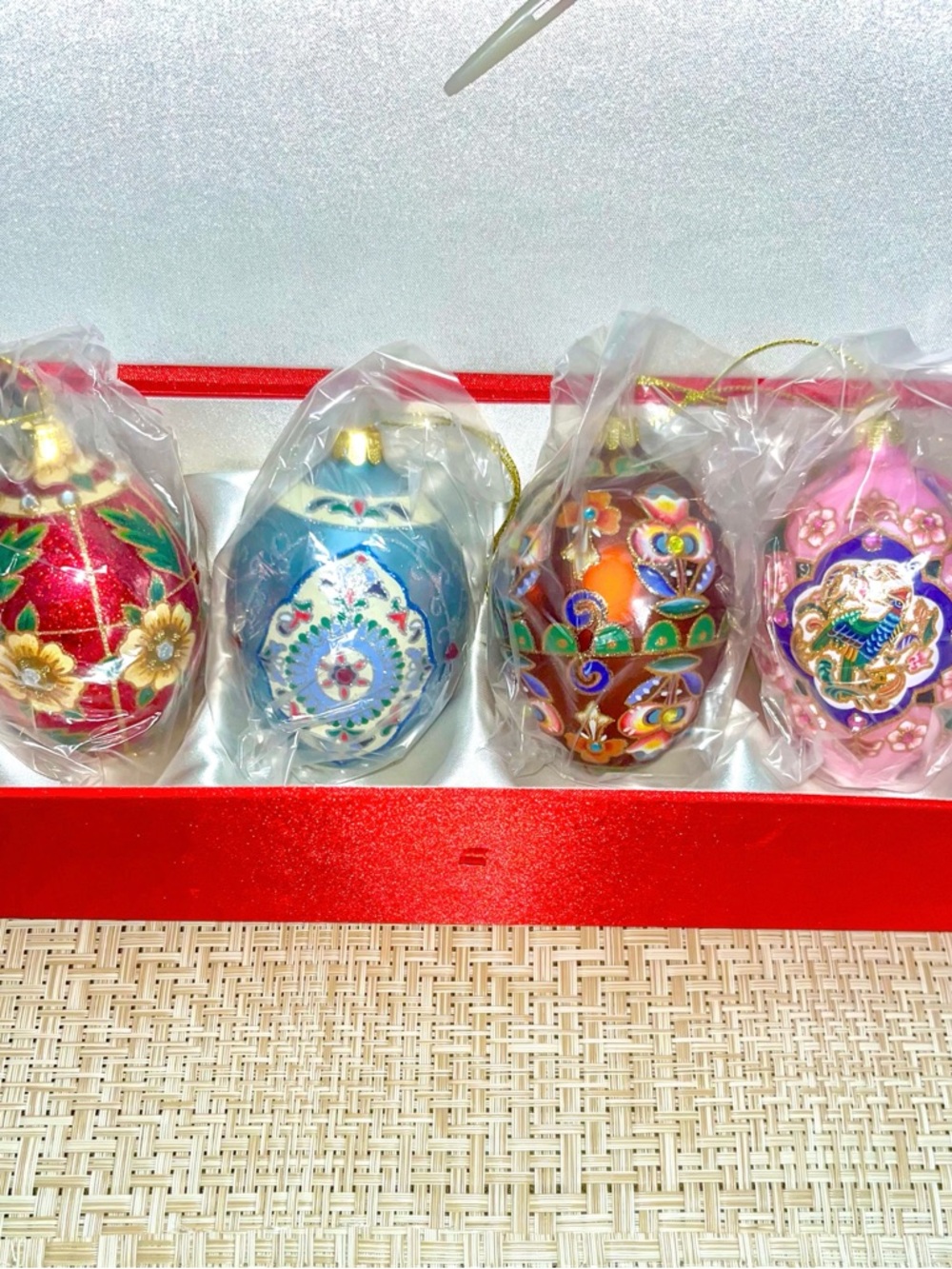 NWT Joan Rivers Faberge Egg Ornaments Set of 4 Red, Pink & Blue 4”